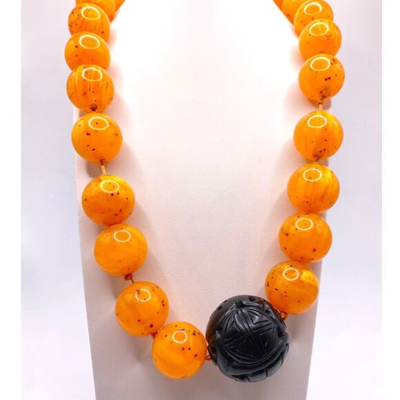 Vtg Orange Lucite and Black Carved Bakelite Beads Necklace St Silver Closure - Picture 2 of 5